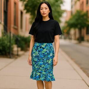Vtg 90s size L Floral blue green white stretchy ruffle hem skirt feminine retro